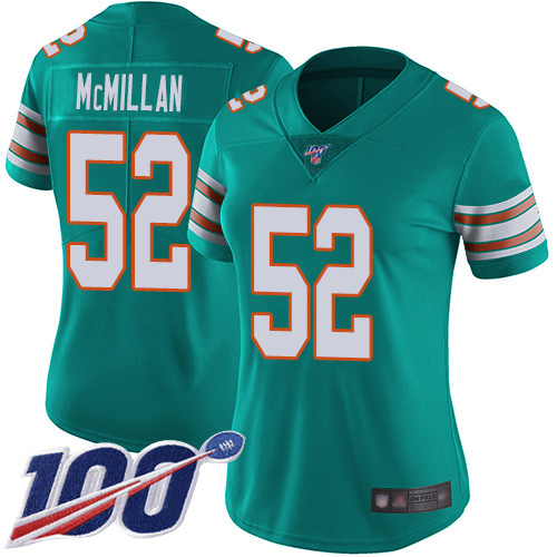 Nike Miami Dolphins #52 Raekwon McMillan Aqua Green Alternate Women Stitched NFL 100th Season Vapor Limited Jersey->women nfl jersey->Women Jersey
